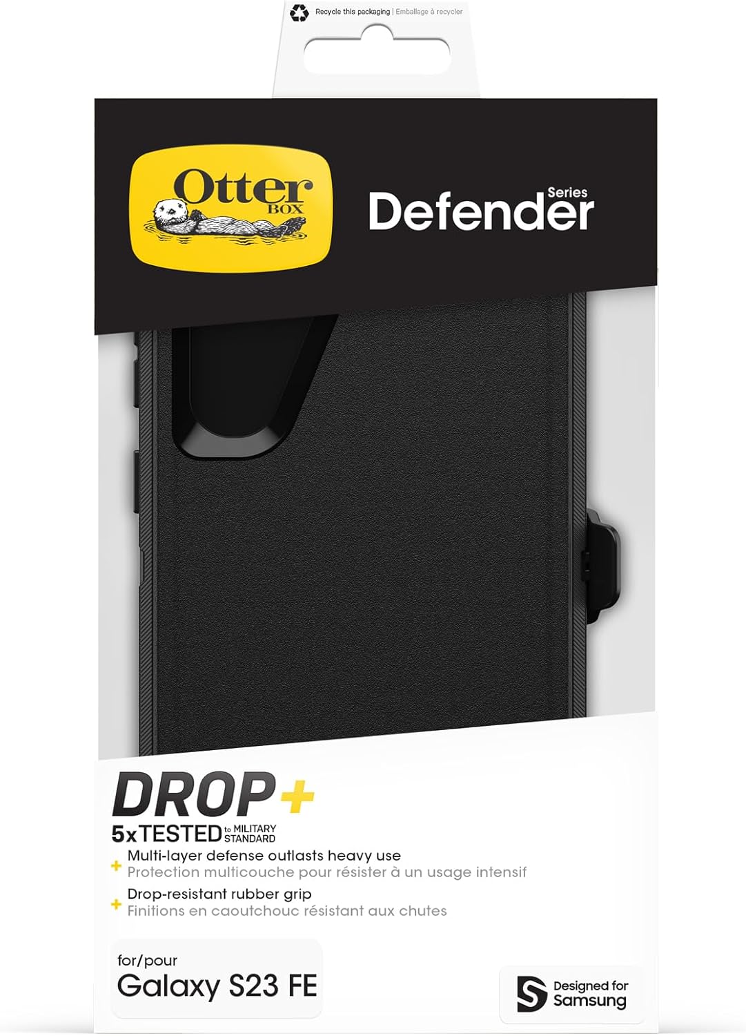 OtterBox Galaxy S23 FE Defender Series Case - Black, Rugged & Durable, with Port Protection, Includes Holster Clip Kickstand - PuriLite