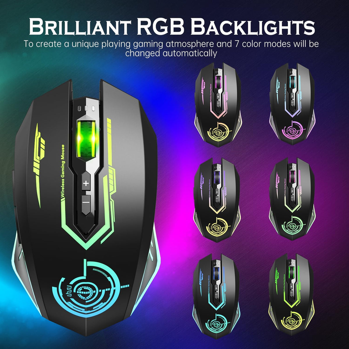 Wireless Gaming Mouse Up to 10000 DPI, UHURU Rechargeable USB Wireless Mouse with 6 Buttons 7 Changeable LED Color Ergonomic Programmable MMO RPG for PC Laptop, Compatible with Windows Mac - PuriLite