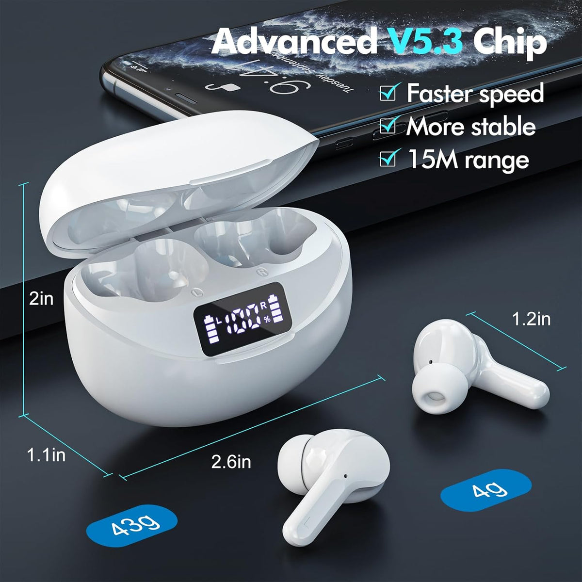 Wireless Earbuds, Bluetooth Headphones 5.3 HiFi Stereo, Wireless Earphones with ENC Noise Cancelling Mic, LED Digital Display in Ear Buds for Gym/Workouts - PuriLite