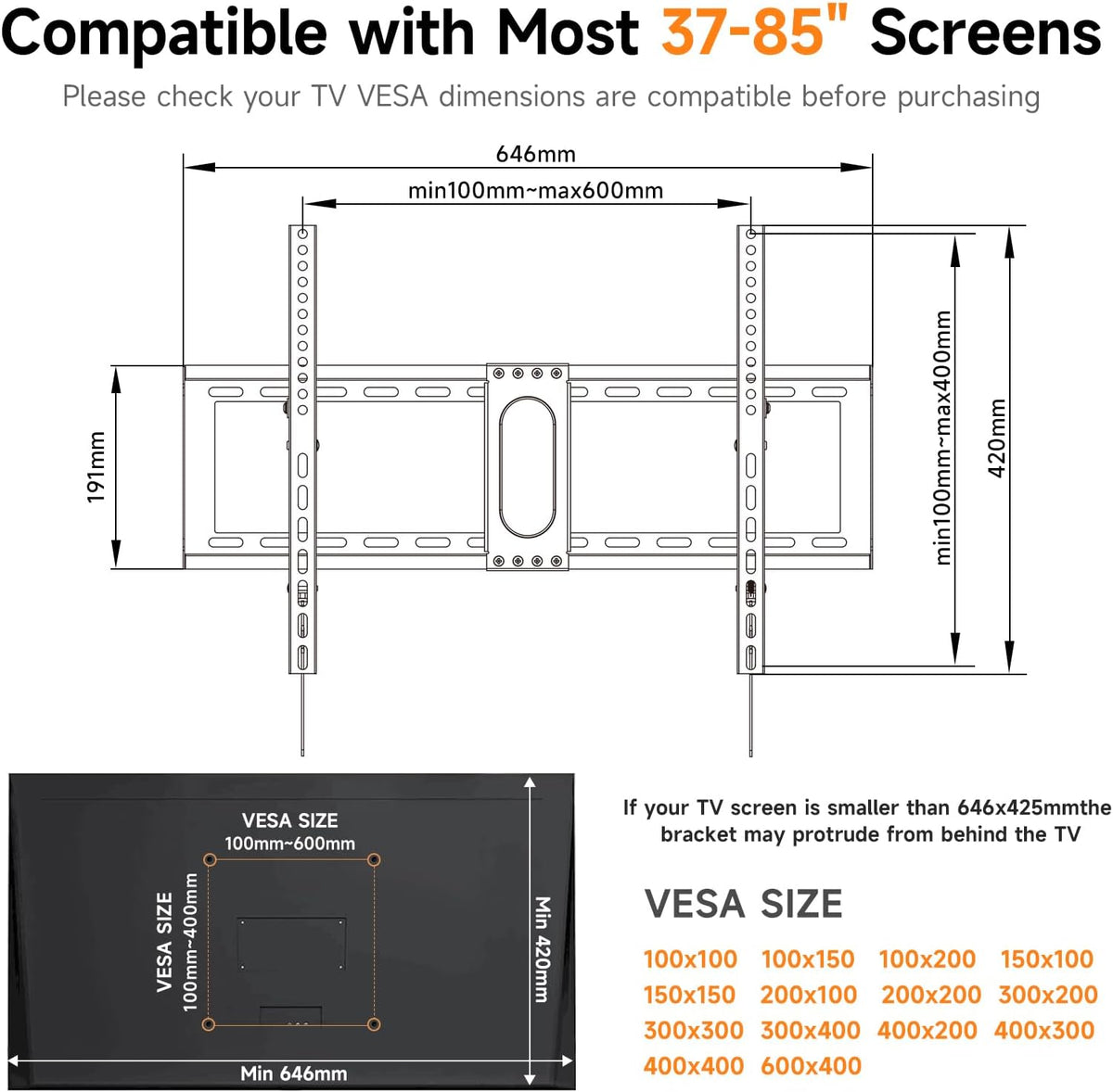 XINLEI Universal Tilt TV Wall Mount for Most 37-75 Inch TV, Fit 16", 18", 24" Stud Low Profile Wall Mount TV Bracket with Quick Release Lock, Holds up to 132 lbs, Max VESA 600 x 400mm MT5083 - PuriLite