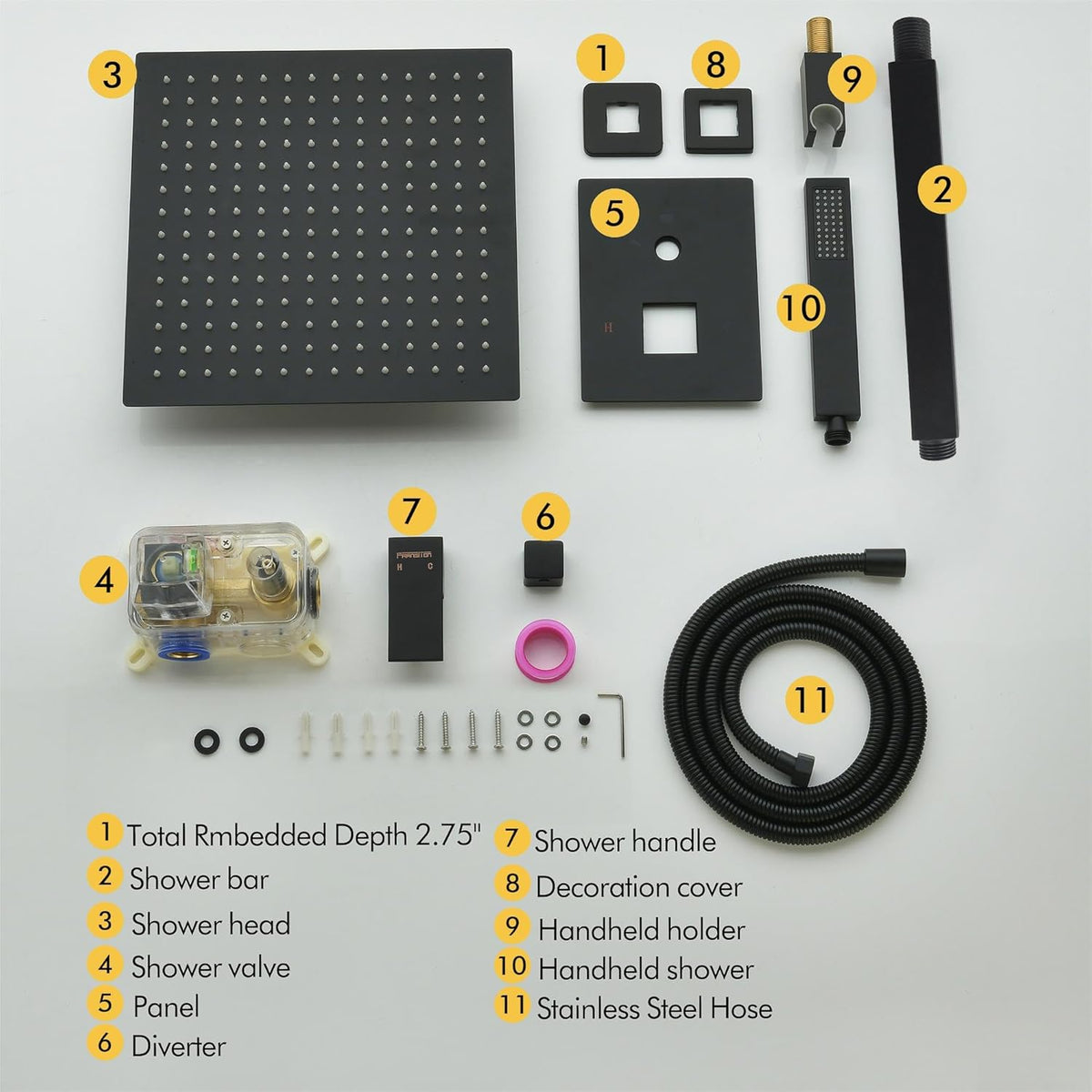 Fransiton Shower System Rain Shower System Set Ceiling Mounted, Rainfall Shower Head with Handheld, Bathroom Shower Kit (Valve Included) (8" - Wall Mount, Matte Black) - PuriLite