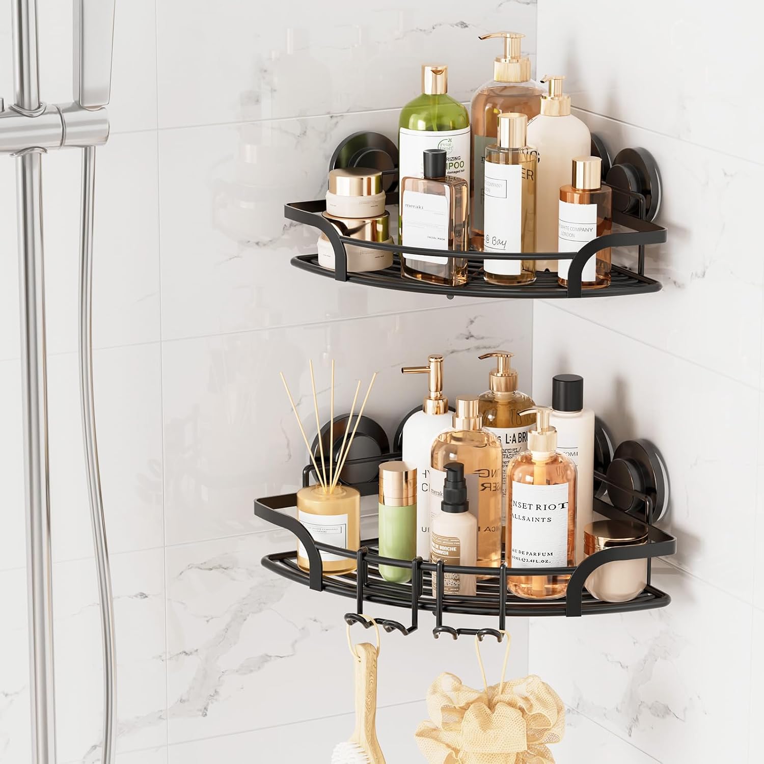 LEVERLOC Shower Caddy Suction Cup, 2 Pack Black Shower Shelf with Hooks and Soap Holder, NO-Drilling Bathroom Organizer, Rustproof Metal Bathroom Storage and Organization - PuriLite