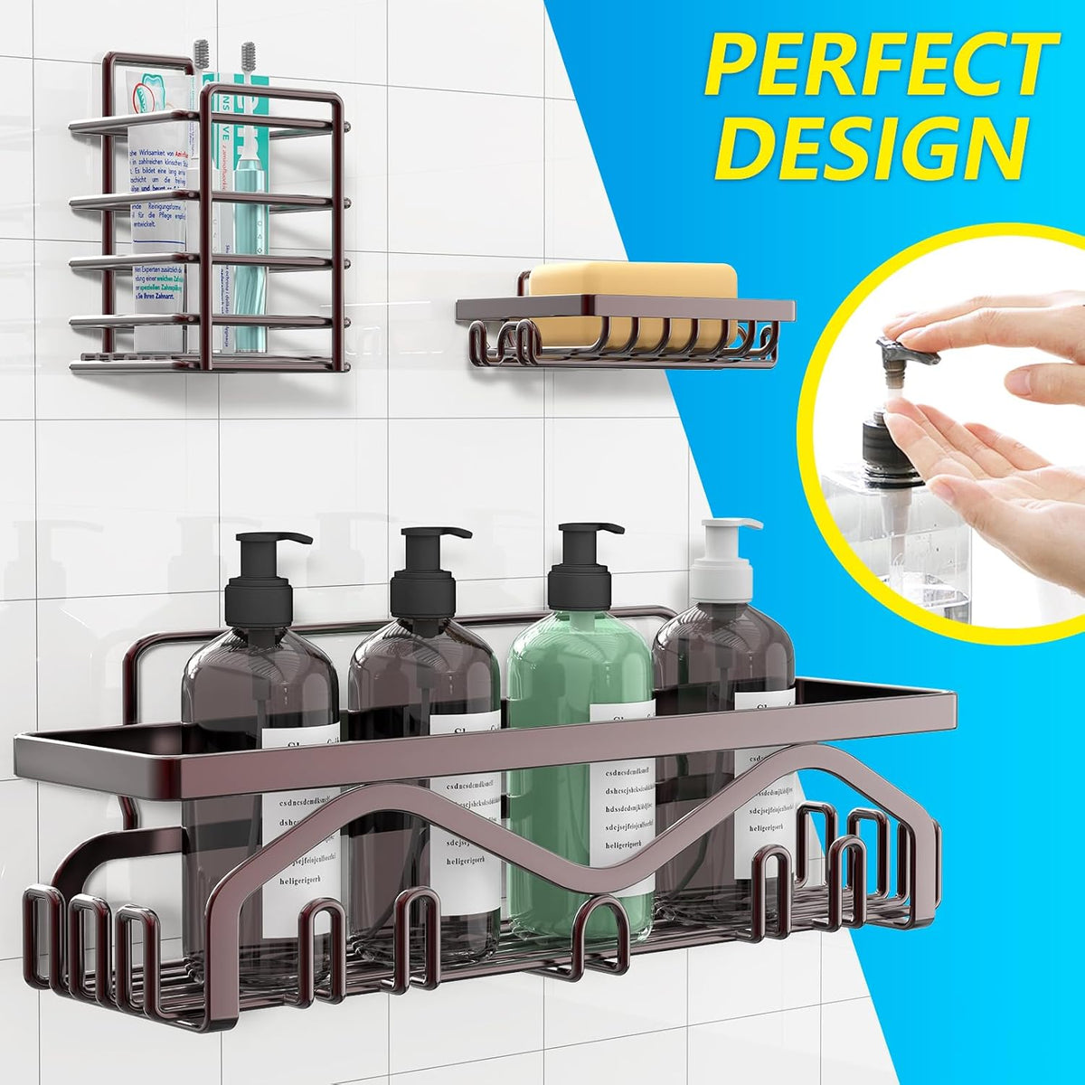 Coraje Adhesive Shower Caddy, 5-Pack Shower Shelves, Large Capacity Load Bearing 40 LBS Shower Organizer, No Drilling Shower Shelf, Rustproof Stainless Steel Bathroom Shower Storage, Black - PuriLite