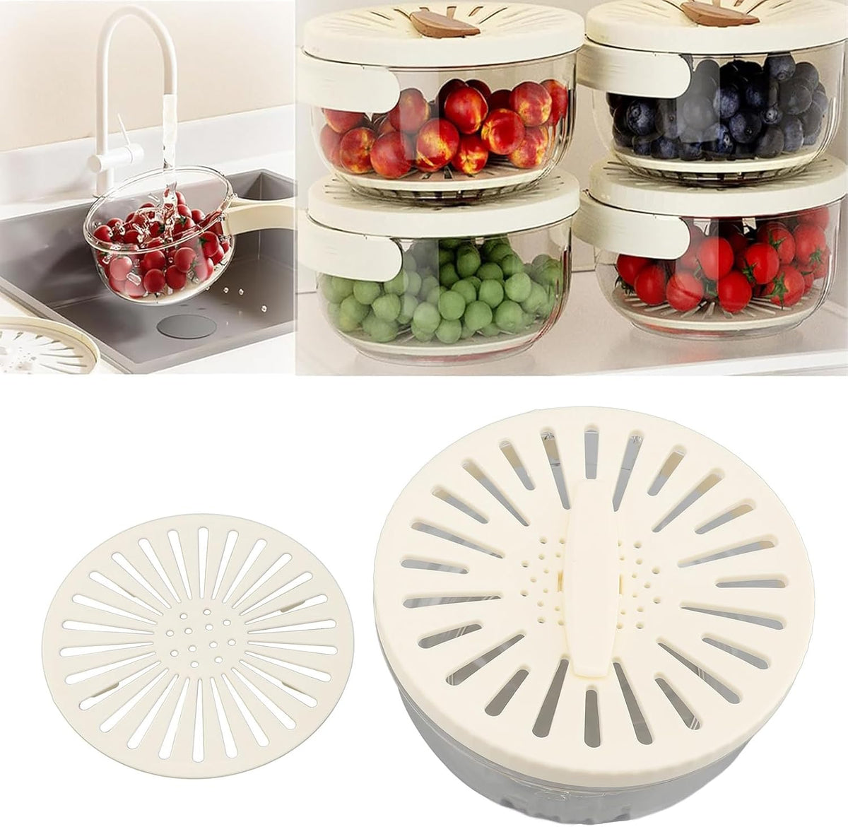 Fruit Vegetable Draining Bowl, Kitchen Strainer with Foldable Handle, Lid, Drain Tray, Rotating Fruit and Vegetable Washing Colander for Salad Mixing, Fruit Washing (White) - PuriLite