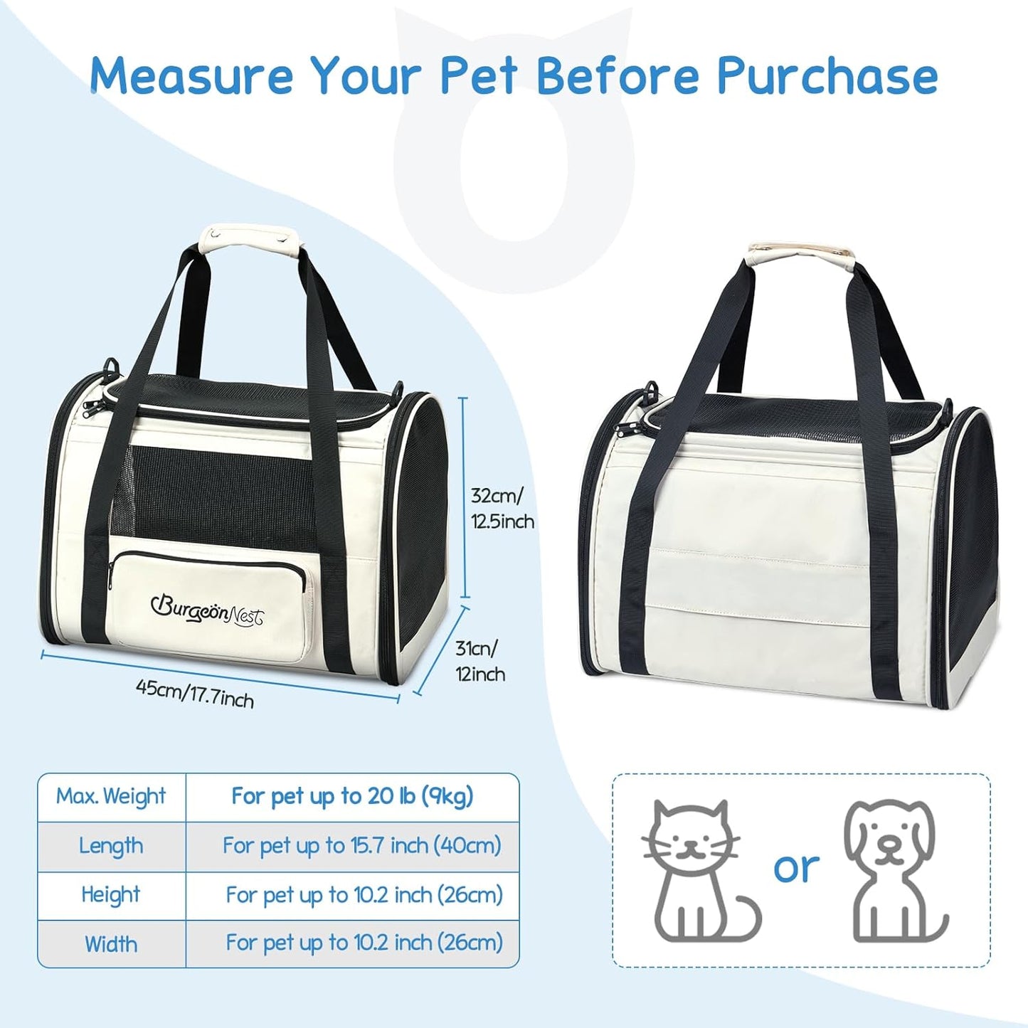 BurgeonNest Cat Carriers for Medium Cats Under 25 lbs, Pet Carrier for Cats with Unique Side Bag,Top Load Small Pet Carrier Soft-Sided Escape Proof with 4 Ventilated Windows - PuriLite