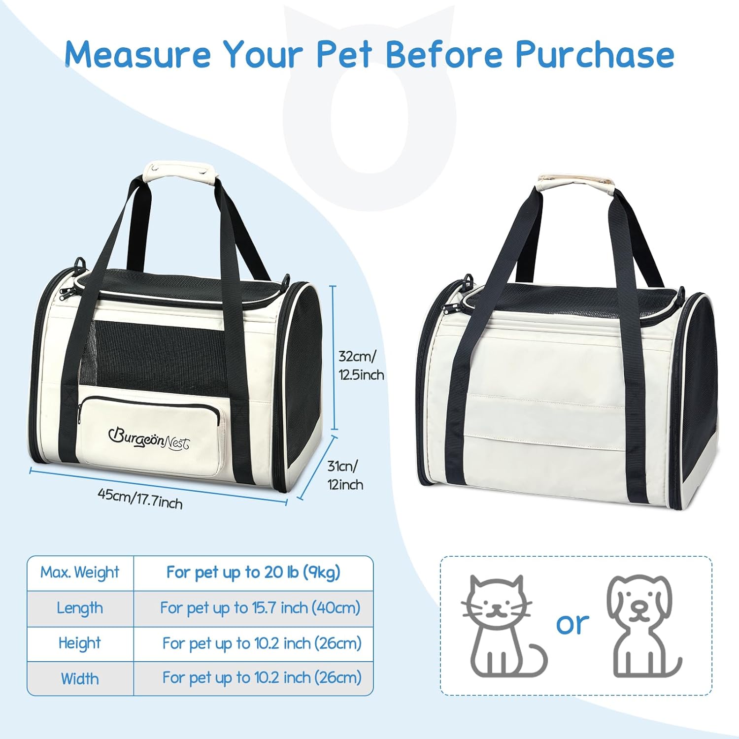 BurgeonNest Cat Carriers for Medium Cats Under 25 lbs, Pet Carrier for Cats with Unique Side Bag,Top Load Small Pet Carrier Soft-Sided Escape Proof with 4 Ventilated Windows - PuriLite