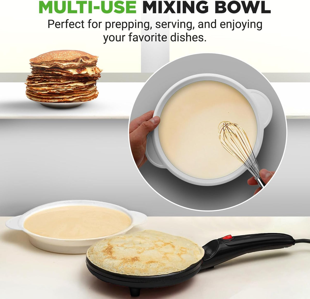 NutriChef Electric Crepe Maker, Cooks Roti, Tortillas, Pancakes, Nonstick Cooktop, 8-inch Cook Area On/Off Switch, Automatic Temperature Control & Cool Touch Handle, Includes Food Bowl, Whisk, Spatula - PuriLite