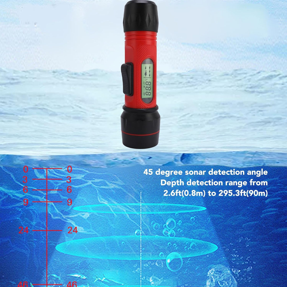 Denash Fish Finder, Sonar Handheld IP68 Water Proof 90m Depth Finder with LCD Display for Kayak Boat Ice Fishing, Portable Fish Depth Finder - PuriLite