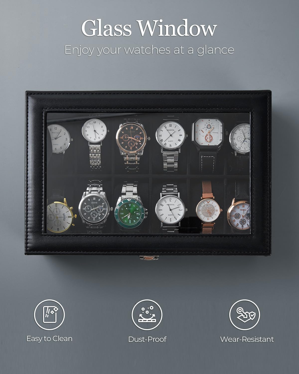 Ohuhu Watch Box Organizer for Men -12 Slot Leather Watch Case with Real Glass Lid Watch Display Case, Watch Organizer Jewelry Storage Box - PuriLite