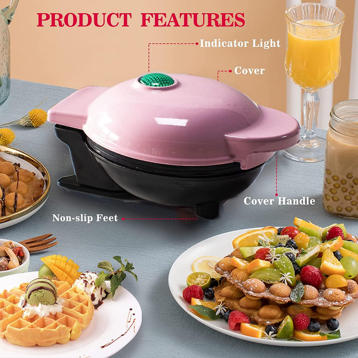 Mini Maker Waffle Maker 5“ Non-Stick Waffler Iron Stuffler Stuffed Wafflera Adjustable Browning Control, Heart, Pink - PuriLite