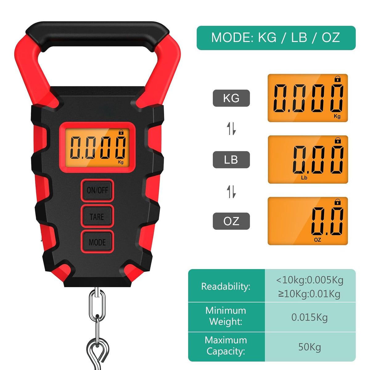 ORIA Fish Scale Digital, Fishing Scale, Fish Scale with Ruler and Fish Gripper, 110lb/50kg Baggage Weighing Scale, Backlit LCD Display (Orange) - PuriLite