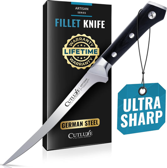 Cutluxe Fillet Knife for Fish & Meat – 7" Fish Knife for Filleting – High Carbon German Steel, Full Tang & Ergonomic Handle Design – Artisan Series - PuriLite