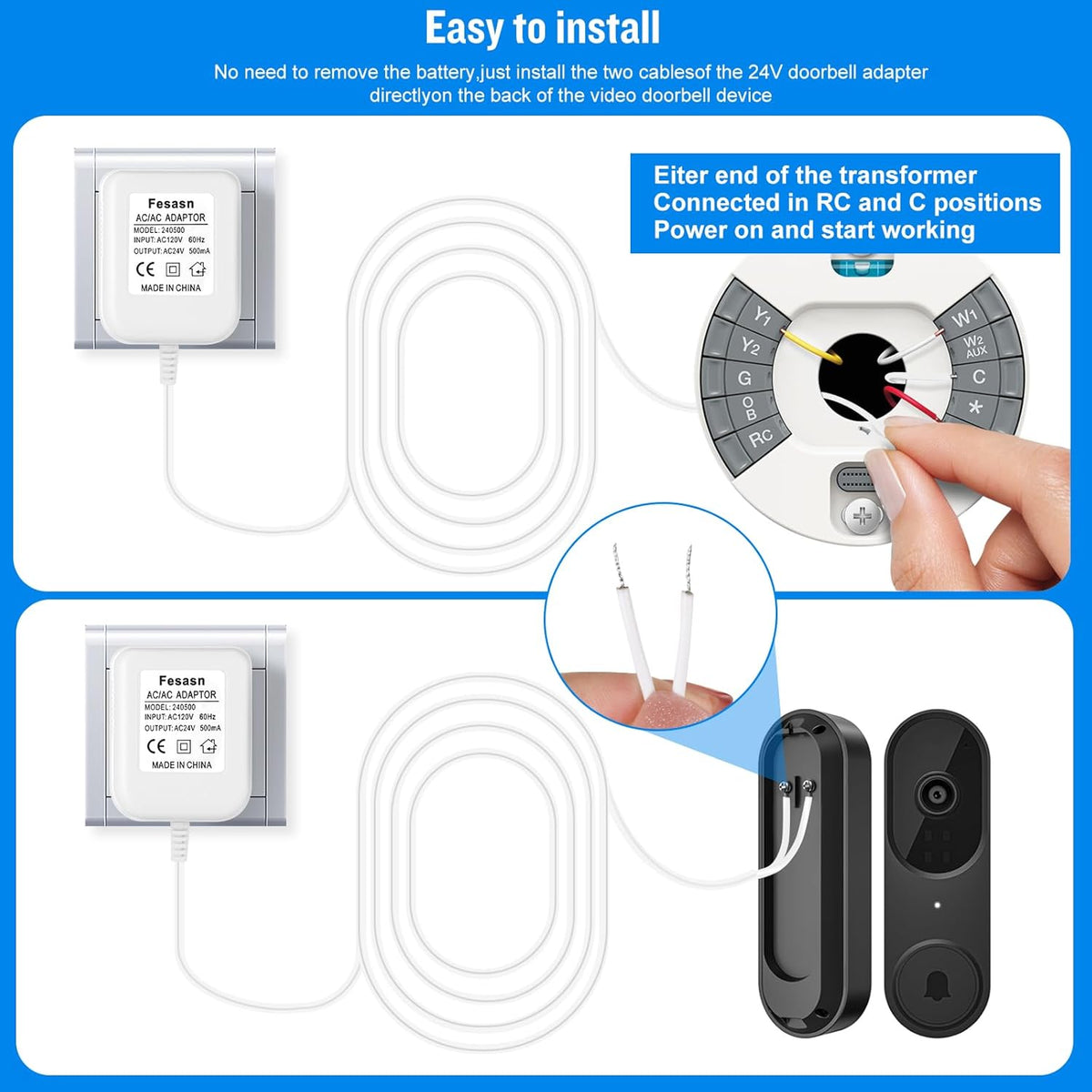 Fesasn 24V C Wire Doorbell Adapter Compatible with Nest Honeywell Ecobee Sensi Thermostat and Wyze Ring Video Doorbell (26.2 FT Long Cable with White) - PuriLite