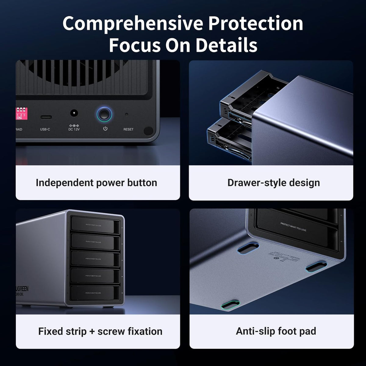 UGREEN 5 Bay USB C RAID Hard Drive Enclosure 100TB for 3.5 2.5 Inch SSD HDD, Disk Array Support RAID0 RAID1 RAID10 RAID3 RAID5 Clone PM Large Mode, S.M.A.R.T, with 12V Power Adapter and USB C Cable - PuriLite