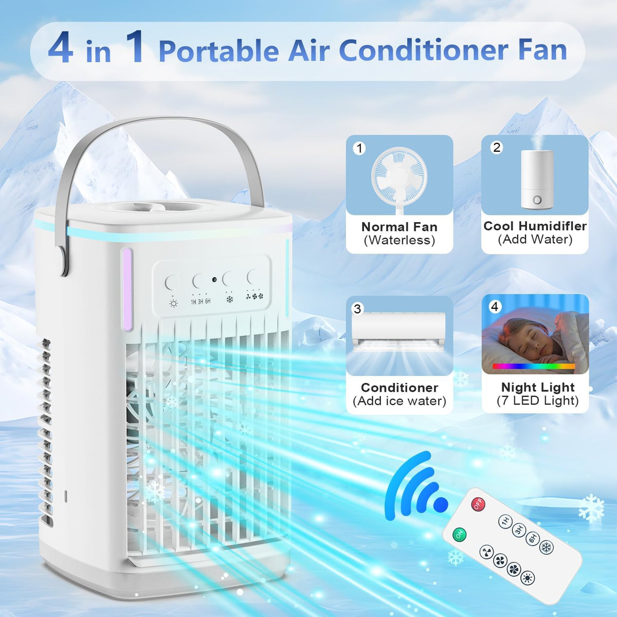 Portable Air Conditioners Fan with Remote, 4-in-1 Portable AC with 1500ml Water Tank, 3 Wind Speeds, 6H Timer, 2 Cool Mist, 7 Lights, Personal Mini Air Conditioner for Room Bedroom Office (Black) - PuriLite