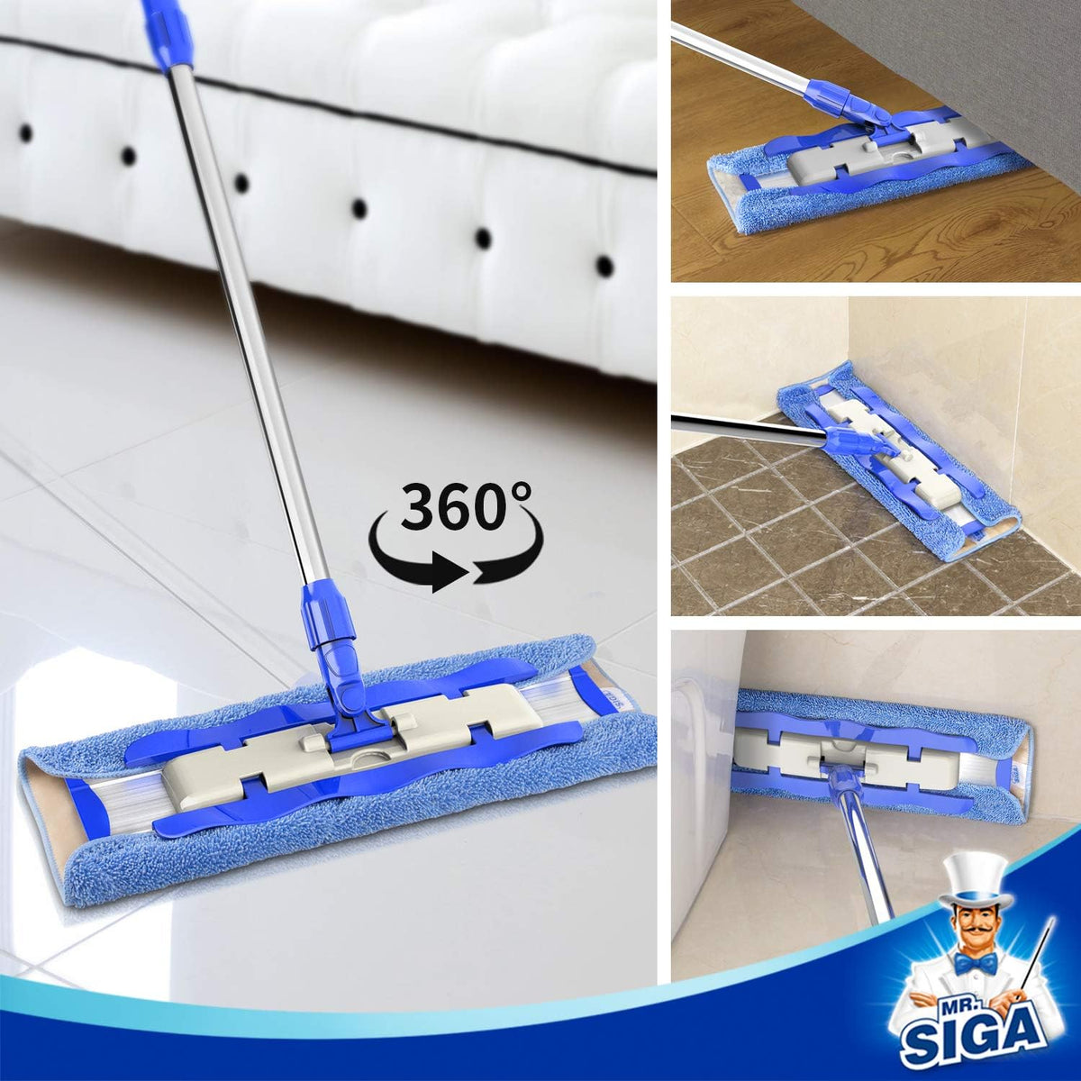 MR.SIGA Professional Microfiber Mop for Hardwood, Laminate, Tile Floor Cleaning, Stainless Steel Handle - 3 Reusable Flat Mop Pads and 1 Dirt Removal Scrubber Included - PuriLite