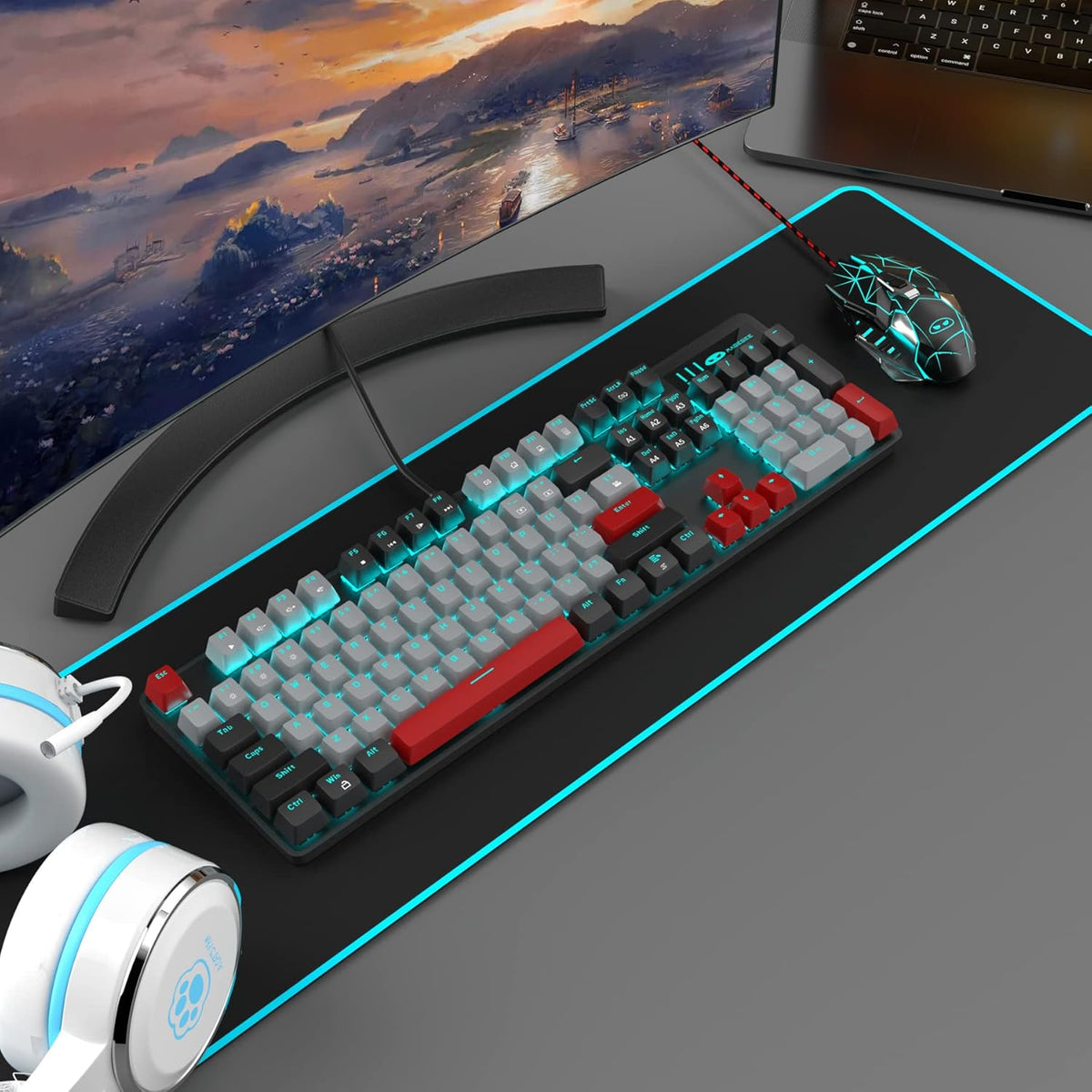 Mechanical Gaming Keyboard, 104 Keys White Backlit Mechanical Keyboards with Red Switches & Double-Shot Keycaps, MageGee Wired Ergonomic Computer Keyboard for Desktop, PC Gamers (White & Blue) - PuriLite