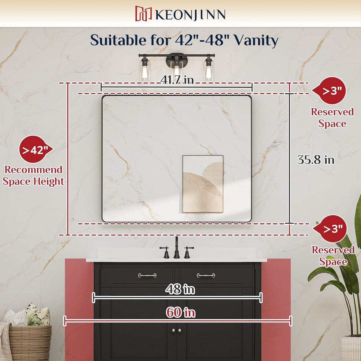 Keonjinn 42 x 36 Brushed Nickel Bathroom Vanity Mirror, Large Rounded Rectangle Bathroom Mirrors for over Sink, Metal Framed Silver Mirror for Wall, Shatterproof HD Tempered Glass(Horizontal/Vertical) - PuriLite