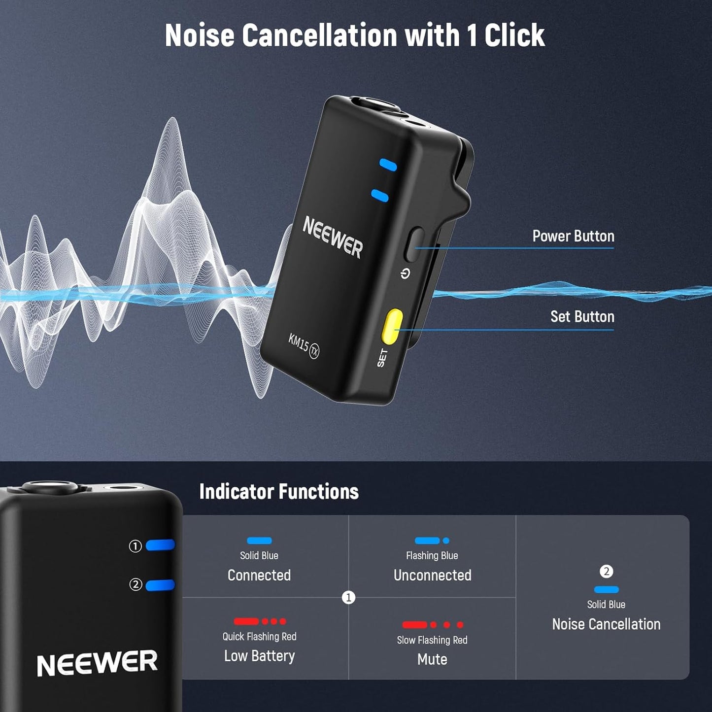 NEEWER CM28 Wireless Lavalier Microphone System with Charging Case, 1 Click Noise Canceling, 4GB Storage for 9Hrs of 48KHz 16 Bit Uncompressed Audio Lapel Mic Compatible with iPhone/Android/PC/Camera - PuriLite