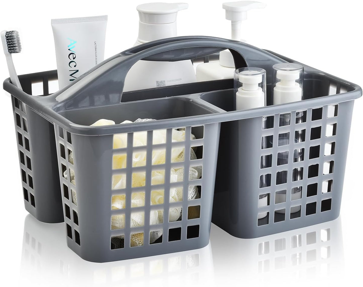 Plastic Shower Caddy Basket with Handle, 3 Compartment Portable Bathroom and Cleaning Supply Organizer, Dark Grey - PuriLite