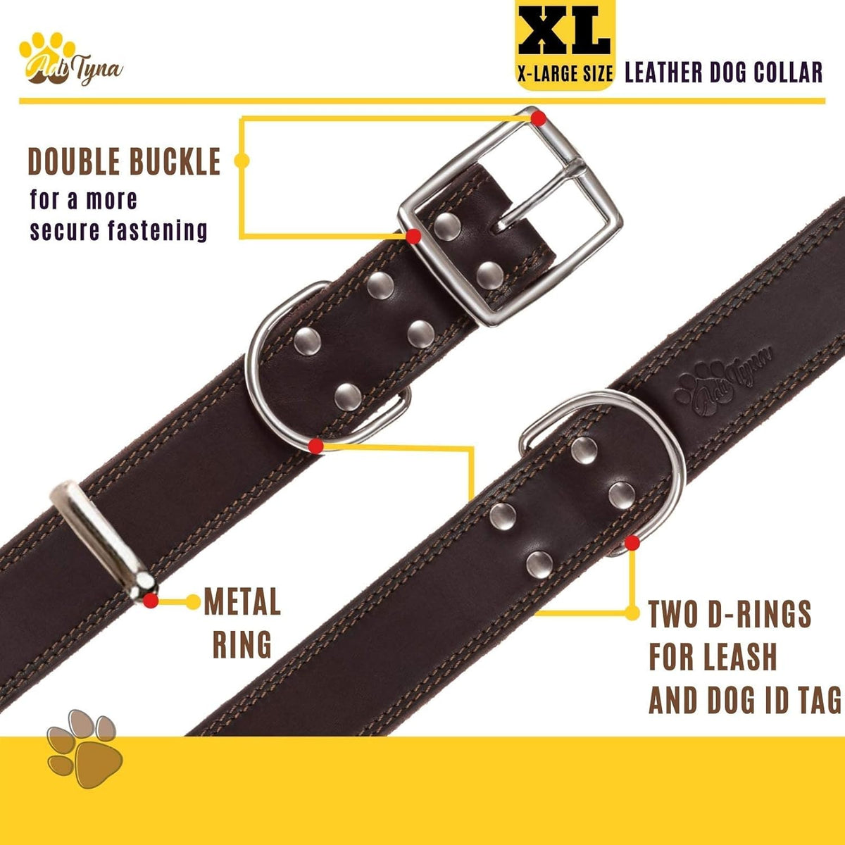 ADITYNA Heavy-Duty Leather Dog Collar for Medium Dogs - Soft and Strong, 100% Genuine Leather - Collier Pour Chien (Medium: Fit 13" - 20" Neck, Brown) - PuriLite