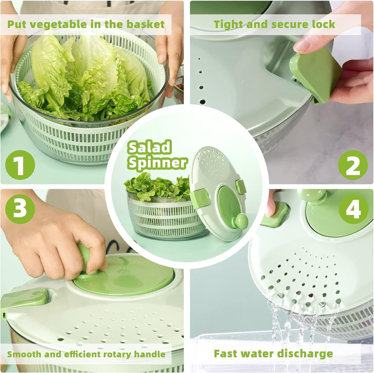 Salad Spinner- Green Salad Spinner Large- 4.2L Lettuce Spinner for Vegetable Washing, Lettuce Dryer with Drain, Bowl, Colander - PuriLite