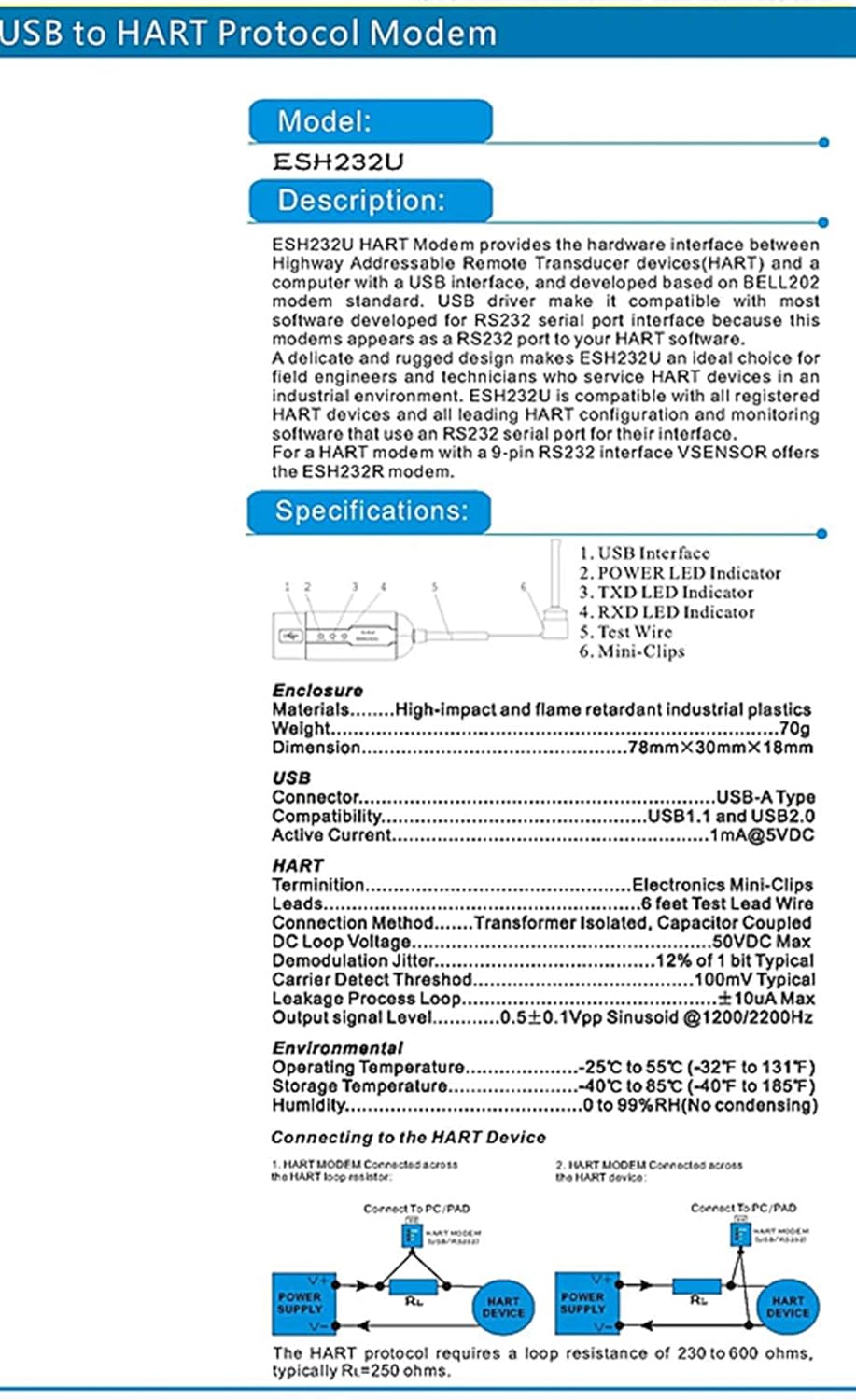 USB Hart Modem ESH232U USB to Hart Protocol Modem Hart Communicator 475 375Transmitter Convertor with Built-in Loop Resistor - PuriLite