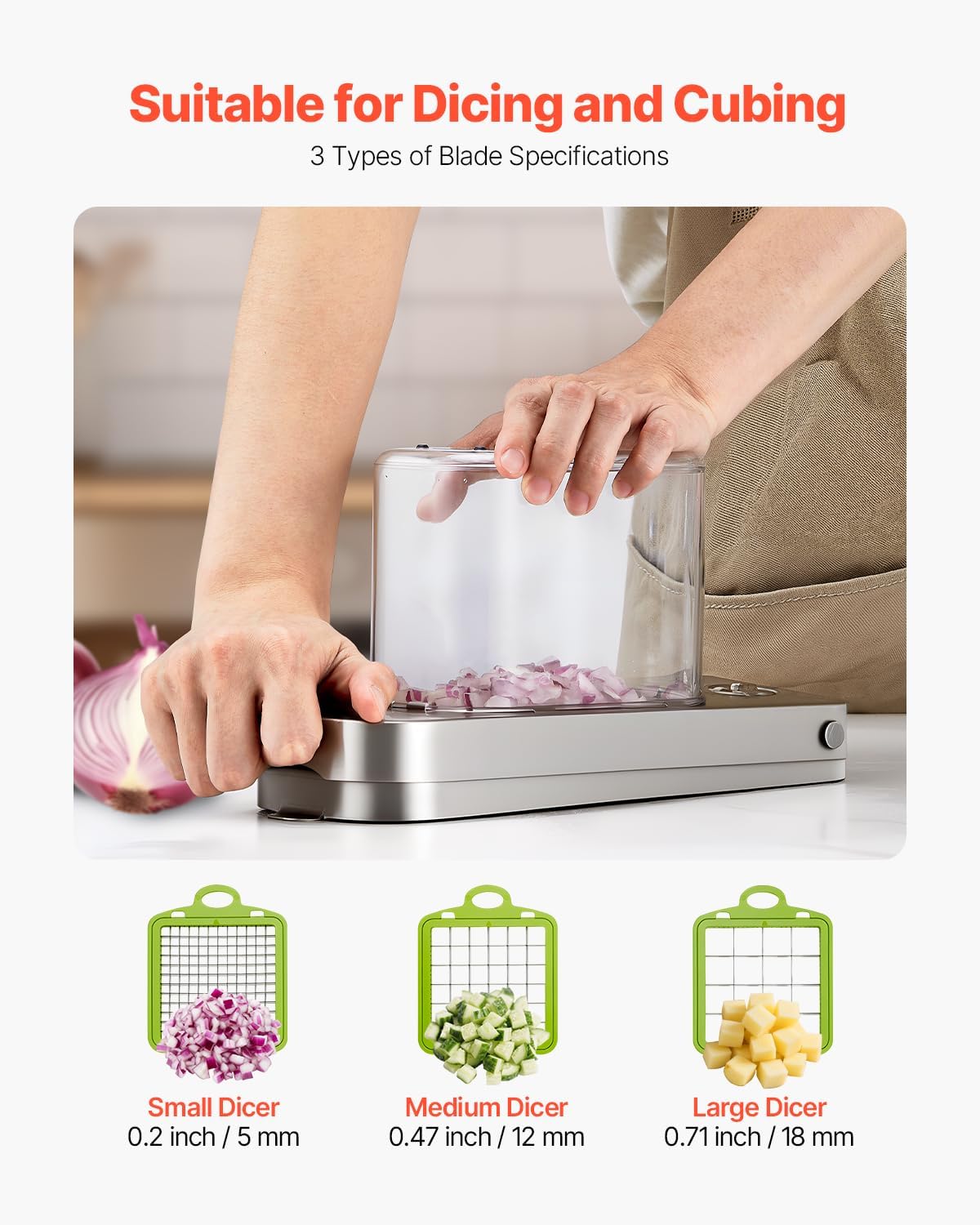 VEVOR Vegetable Chopper, Food Veggie Cutter with 3 Stainless Steel Blades, Onion Slicer with Container, Salad Potato Dicer Kitchen Gadgets & Essentials Home Appliances Tools for Easy DIY, Silver - PuriLite