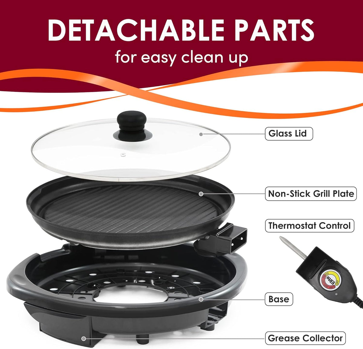 Elite Gourmet EMG6505G Smokeless Indoor Electric BBQ Grill with Glass Lid, Dishwasher Safe, PFOA-Free Nonstick, AdjCatable Temperature, Fast Heat Up, Low-Fat Meals Easy to Clean Design - PuriLite