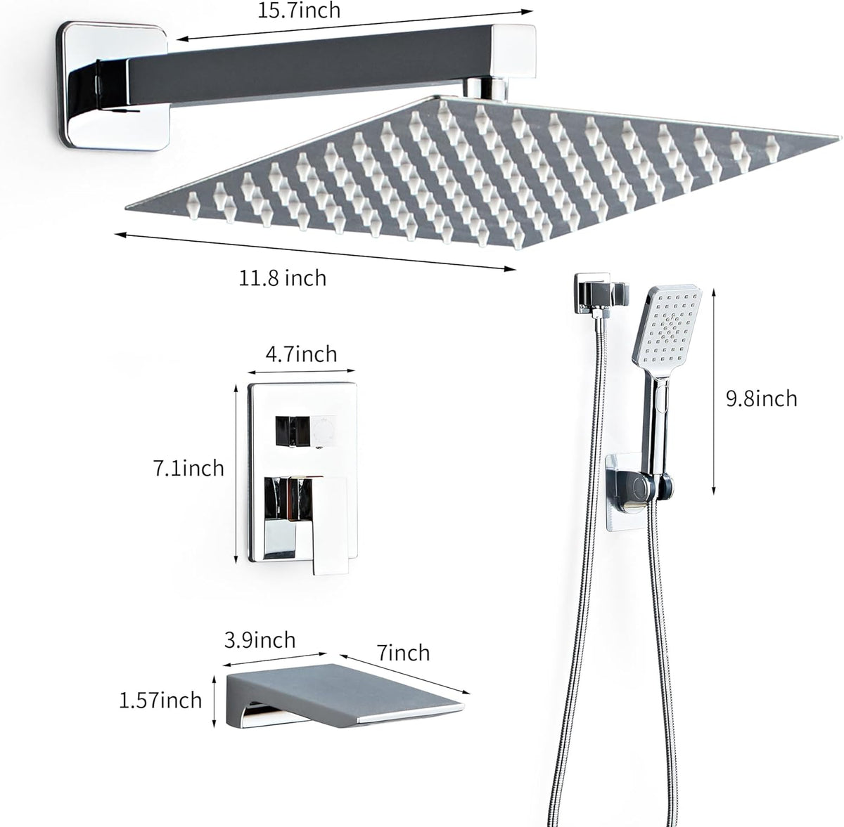 LCEVCGK Shower Faucet Set Complete Matte Black Shower System with 8 inch Square Rainfall Shower Head 3-Function Handheld Shower Waterfall Bathtub Spout Rain Shower Combo Set Bathroom Wall Mounted - PuriLite