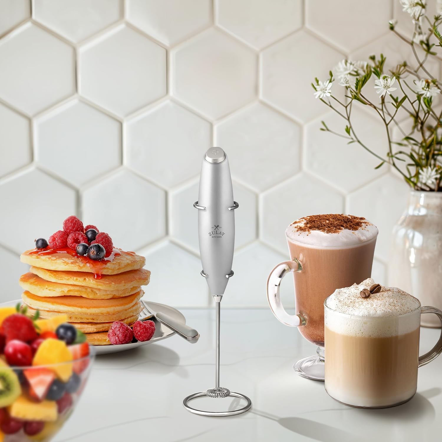 Zulay Kitchen Powerful Double Whisk Milk Frother Handheld - Foam Maker with Stand - Whisk Drink Mixer for Coffee, Mini Foamer for Latte, Matcha, Frappe, Hot Chocolate & Cappuccino (Black) - PuriLite