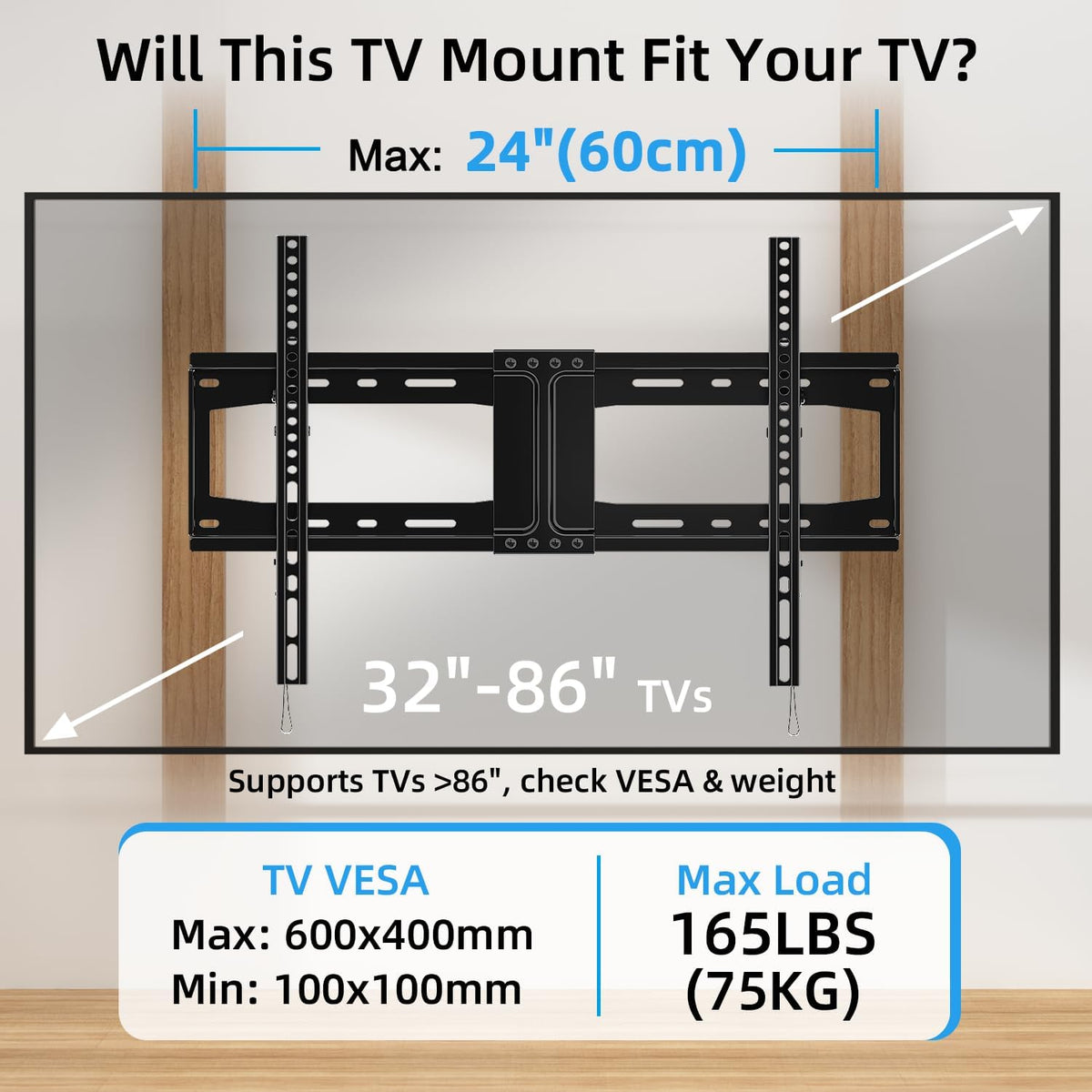 HOME VISION TV Wall Mount Tilt for Most 32-84 inch Flat Curved TV, Low Profile Tilting Wall Mount TV Bracket Fits 16”-18”-24” Wood Stud, Max VESA 600X400mm, Up to 165lbs, Quick Release - PuriLite