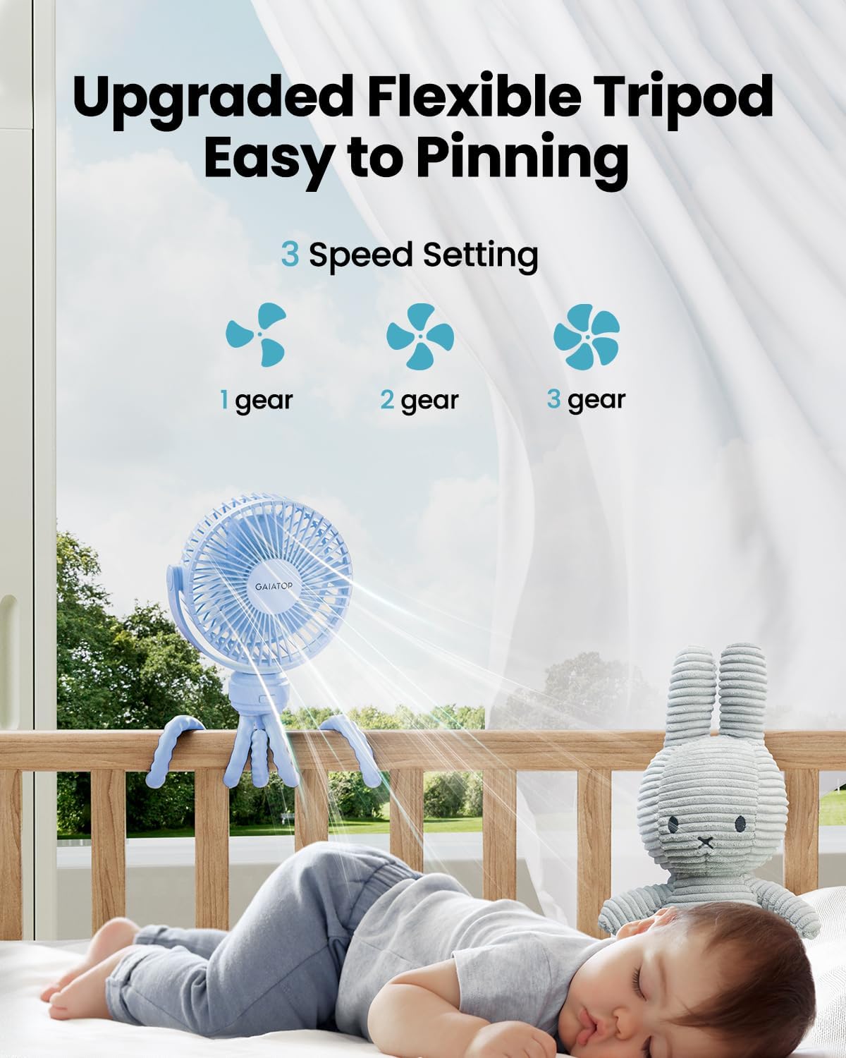 Gaiatop Mini Portable Pram Fan, Rechargeable Small Clip on Fan for Stroller, Detachable 3 Speed 360 Degree Rotate Flexible Tripod Handheld Desk Cooling Car Seat Crib Treadmill Travel Black - PuriLite