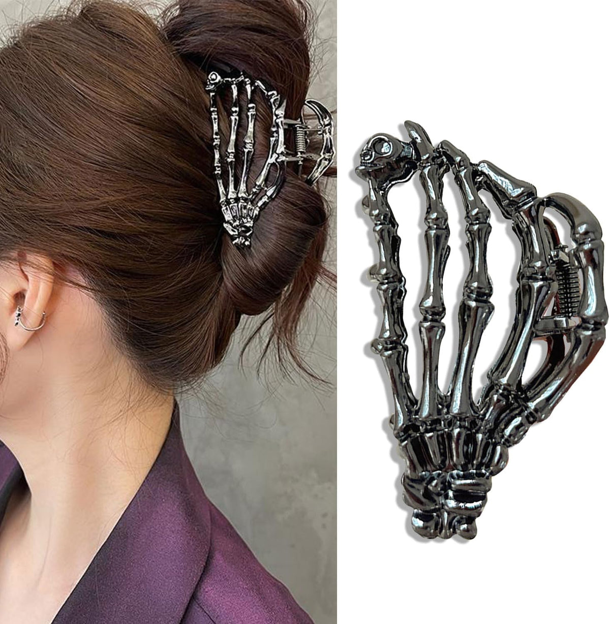 Muumoo Metal Skull Hand Hair Clip, 1Pcs Gunmetal Hair Claw Clip for Thin Hair Punk & Y2K-Style - PuriLite