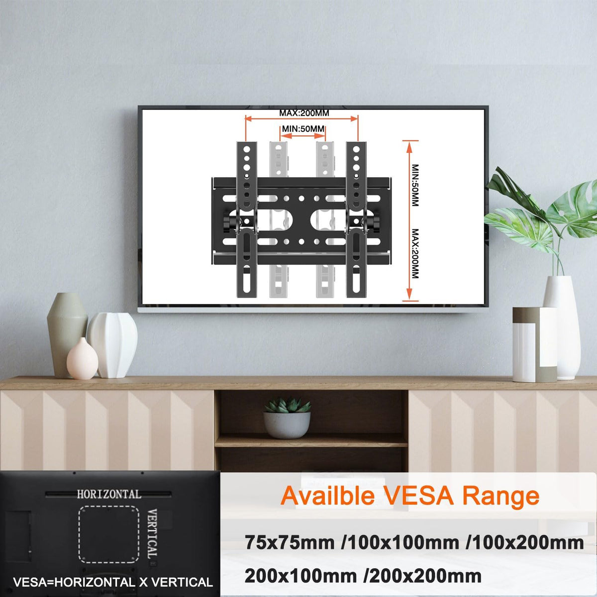 SJBRWN Tilt TV Wall Mount for Most 14-42 Inch Flat Curved Screen TVs Monior, Up Down 15° Support TV Mural, Fits 24 32 40" Max VESA 200x200mm Holds up to 55lbs, Low Profile Small Wall Mount TV Bracket - PuriLite