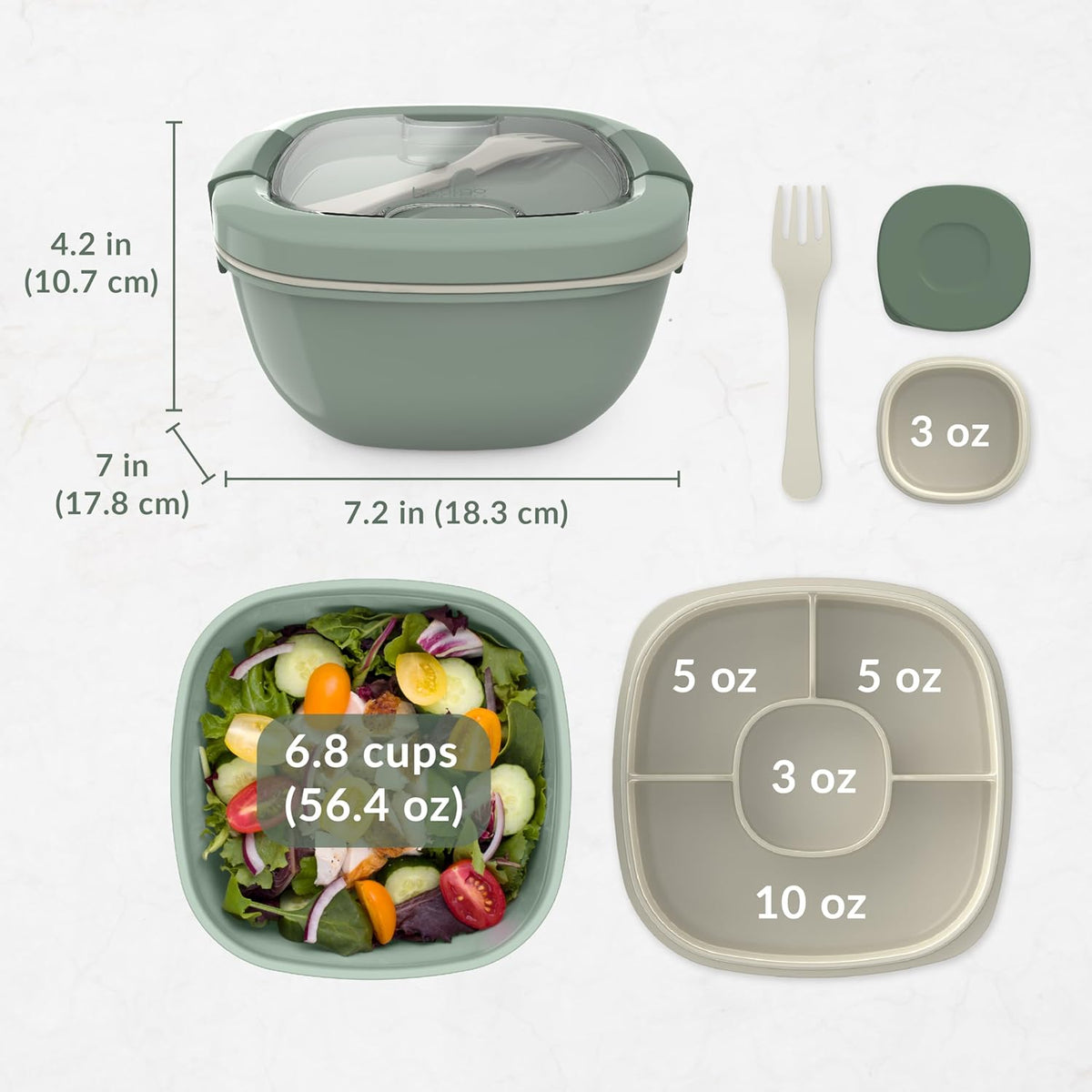Bentgo Salad - Stackable Lunch Container with Large 54-oz Salad Bowl, 4-Compartment Bento-Style Tray for Toppings, 3-oz Sauce Container for Dressings, Built-in Reusable Fork & BPA-Free (Khaki Green) - PuriLite