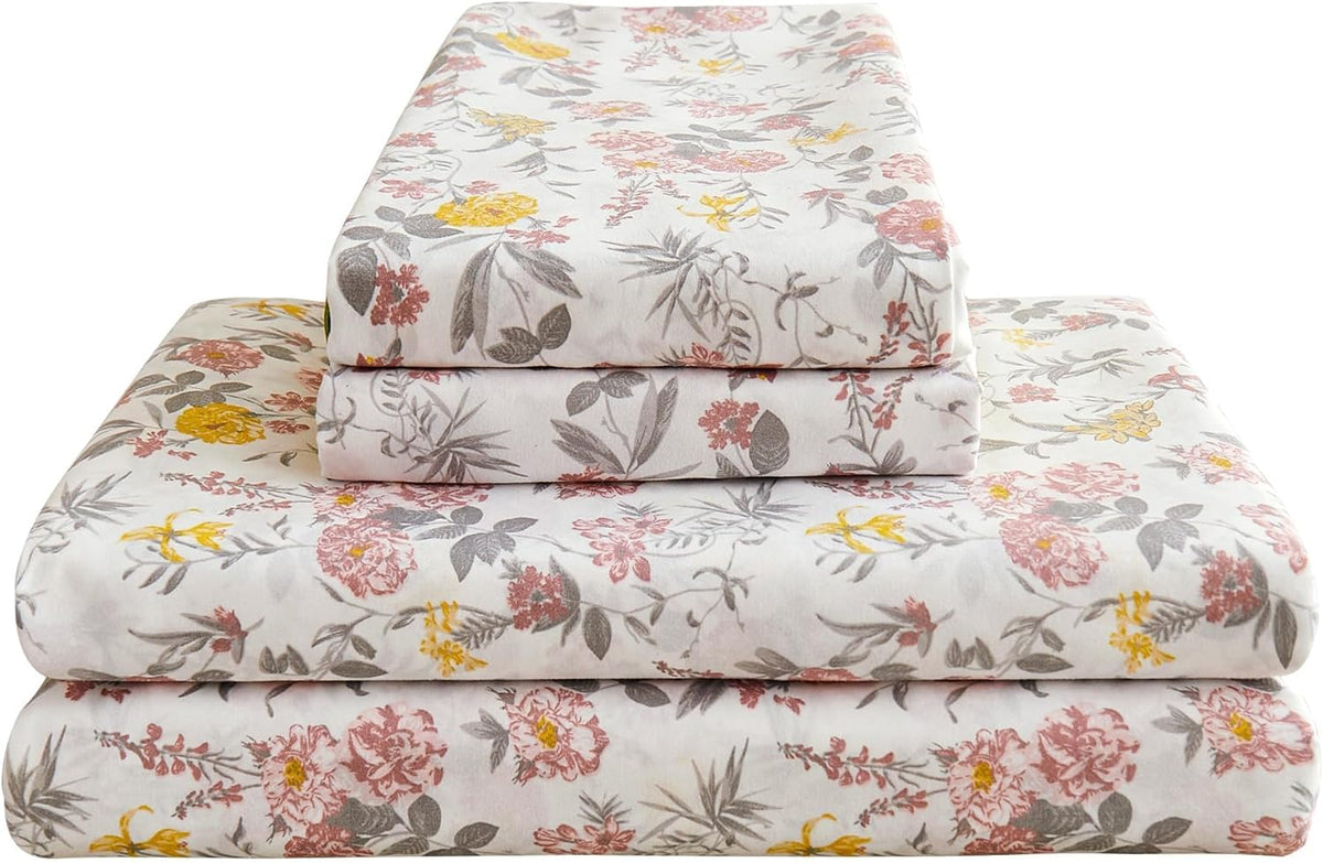 Viviland Floral Queen Sheet Set - 4 Piece Vintage Pink & Yellow Flower Patterned Bed Sheets - Soft, Breathable Microfiber Sheets with Deep Pocket, Non-Slip Fitted Sheets & Pillowcases - PuriLite