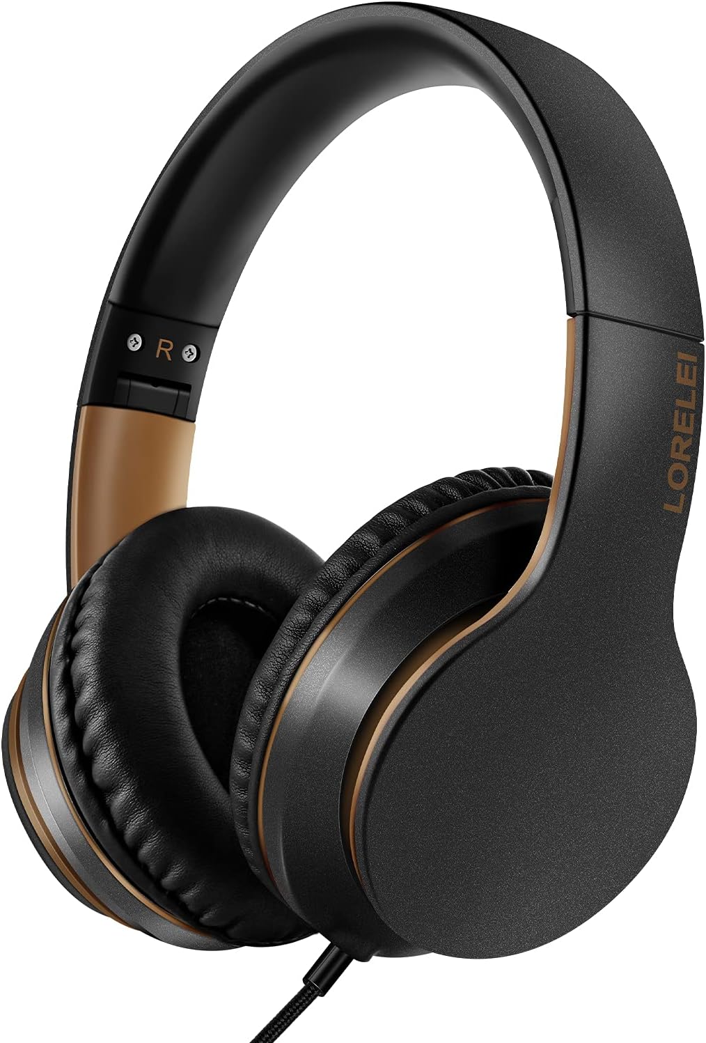 LORELEI X6 Over-Ear Headphones With Microphone, Lightweight Foldable & Portable Stereo Bass With 1.45M No-Tangle Wired for Smartphone Tablet MP3/4 (Black-Gold) - PuriLite