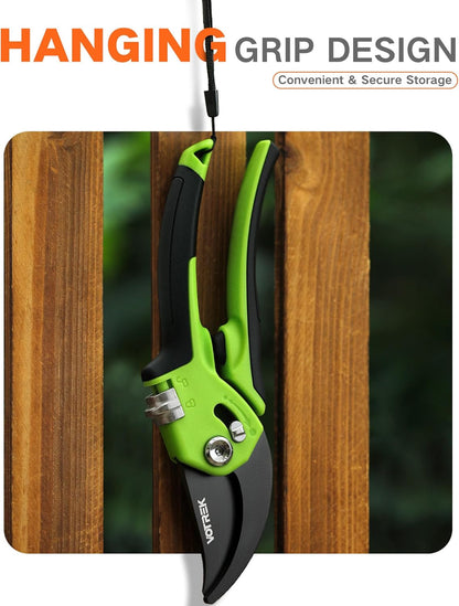 VOTREK Pruning Shears - 8.5" Heavy Duty Bypass Pruners for Gardening with Built-in Spring & SK5 Steel Blades - Ergonomic Adjustable Handle for All Hand Sizes, Garden Clipper Plant Scissors for Branch - PuriLite