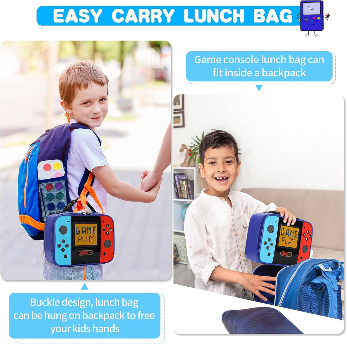 Kids Lunch Bag Insulated Back to School Reusable Tote Lunch Box for Girls Boys-Game Play - PuriLite