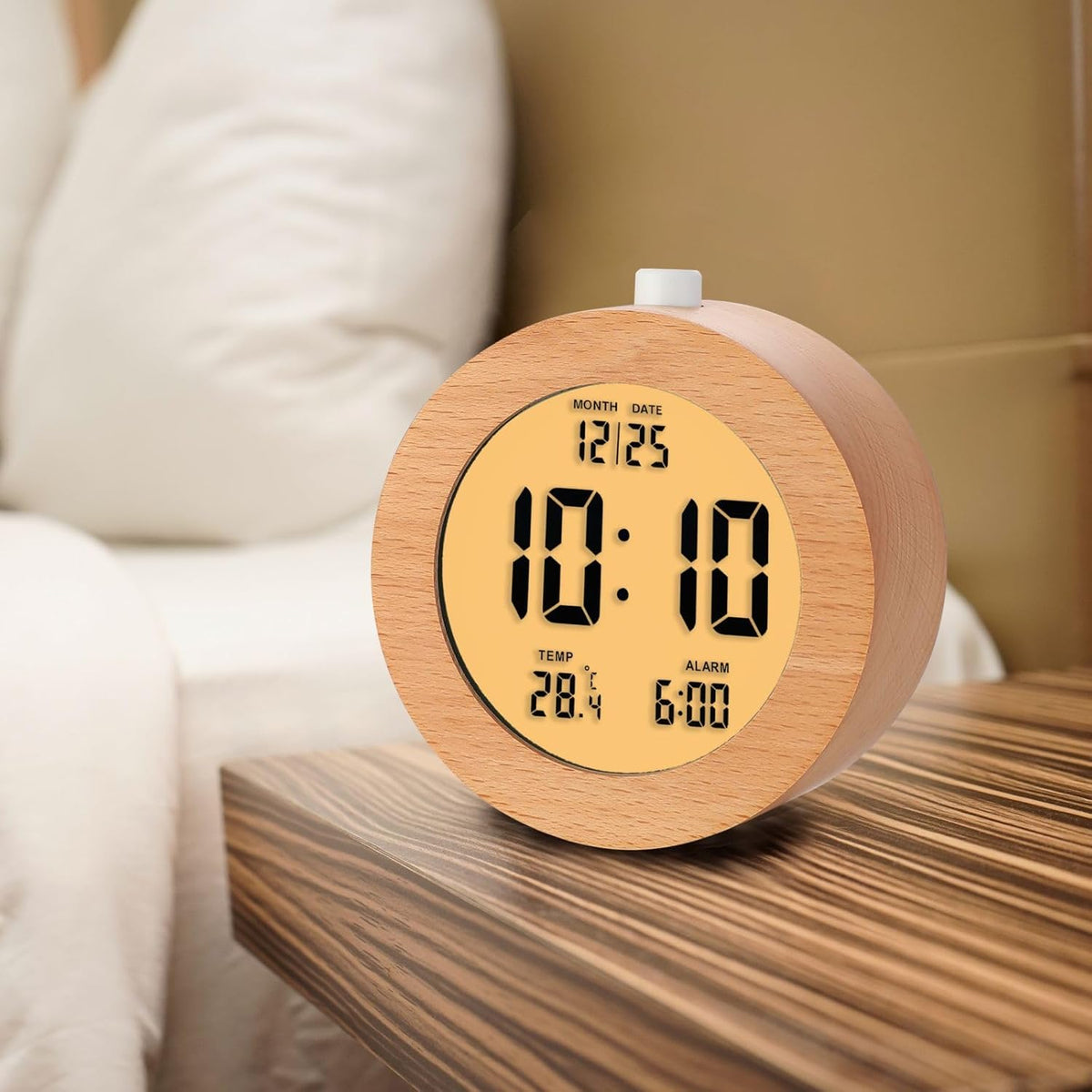 Plumeet Wooden Digital Alarm Clock for Bedrooms, Wood 4'' Battery Powered Alarm Clock with Snooze and Nightlight, Electronic LCD Desk Clock Display Time, Date, Temp, 12/24H, Wood Décor (Sapele, 3.2'') - PuriLite
