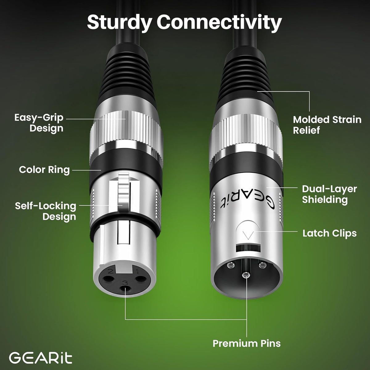GEARit XLR Male to Female Microphone Cable (10 Feet, 6-Pack) 3-Pin Balanced Shielded Mixer, Recording Studio, Podcast - Black - PuriLite