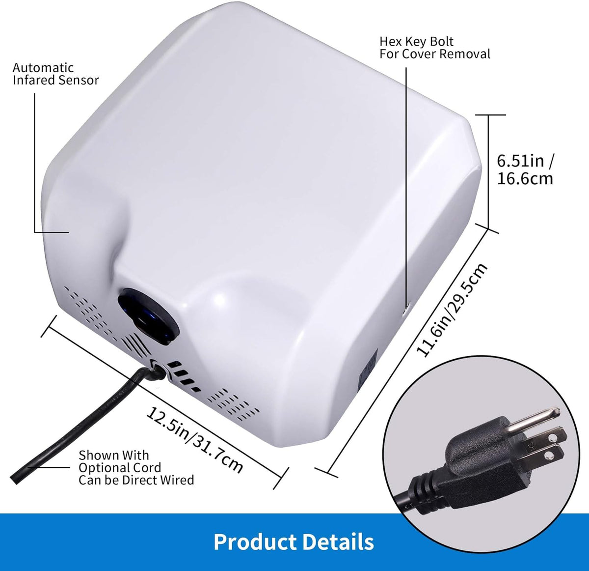 Goetland Stainless Steel Commercial Hand Dryer 1800w Automatic High Speed Heavy Duty Dull Polished - PuriLite