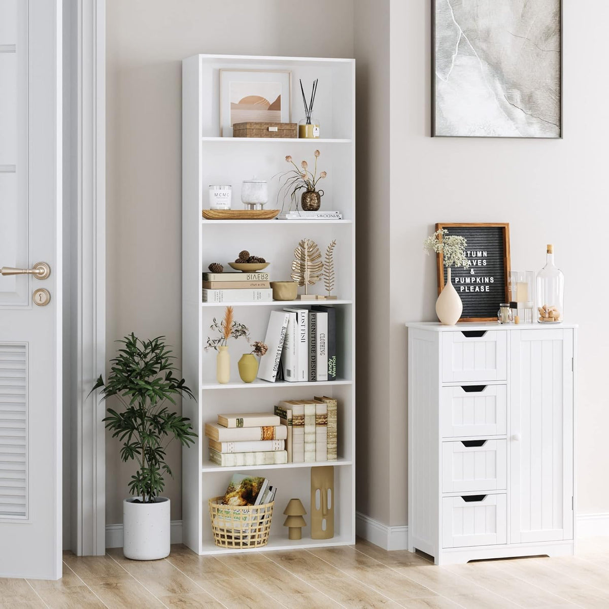 SiliBamb Bookshelf, 6-Tier Open Bookcase, Storage Shelves, Display Storage Shelves, Floor Standing Unit, Home Decor, Furniture for Home Office, Living Room, Bedroom, White - PuriLite