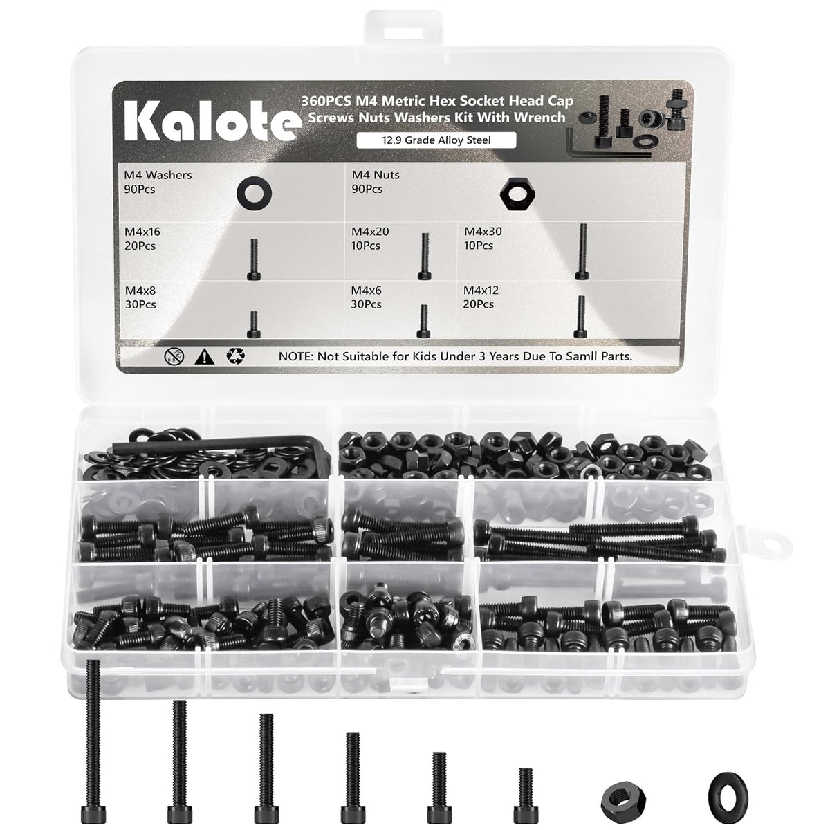 360Pcs M4 Screw Assortment Kit, Bolts Screws Nuts Kit, M4*6/8/12/16/20/30mm Metric Hex Socket Head Cap Bolts, 12.9 Grade Alloy Steel Black Screws with Wrench for 3D Printer, Black Zinc Plated - PuriLite