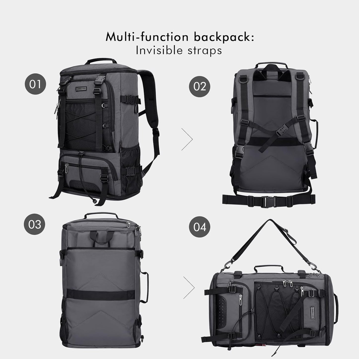 WITZMAN Travel Backpack for Men Large Carry on Backpack Convertible 3 in 1 Bags with Shoe Compartment Fit 17 Inch Laptop(B689 Silvery Grey) - PuriLite