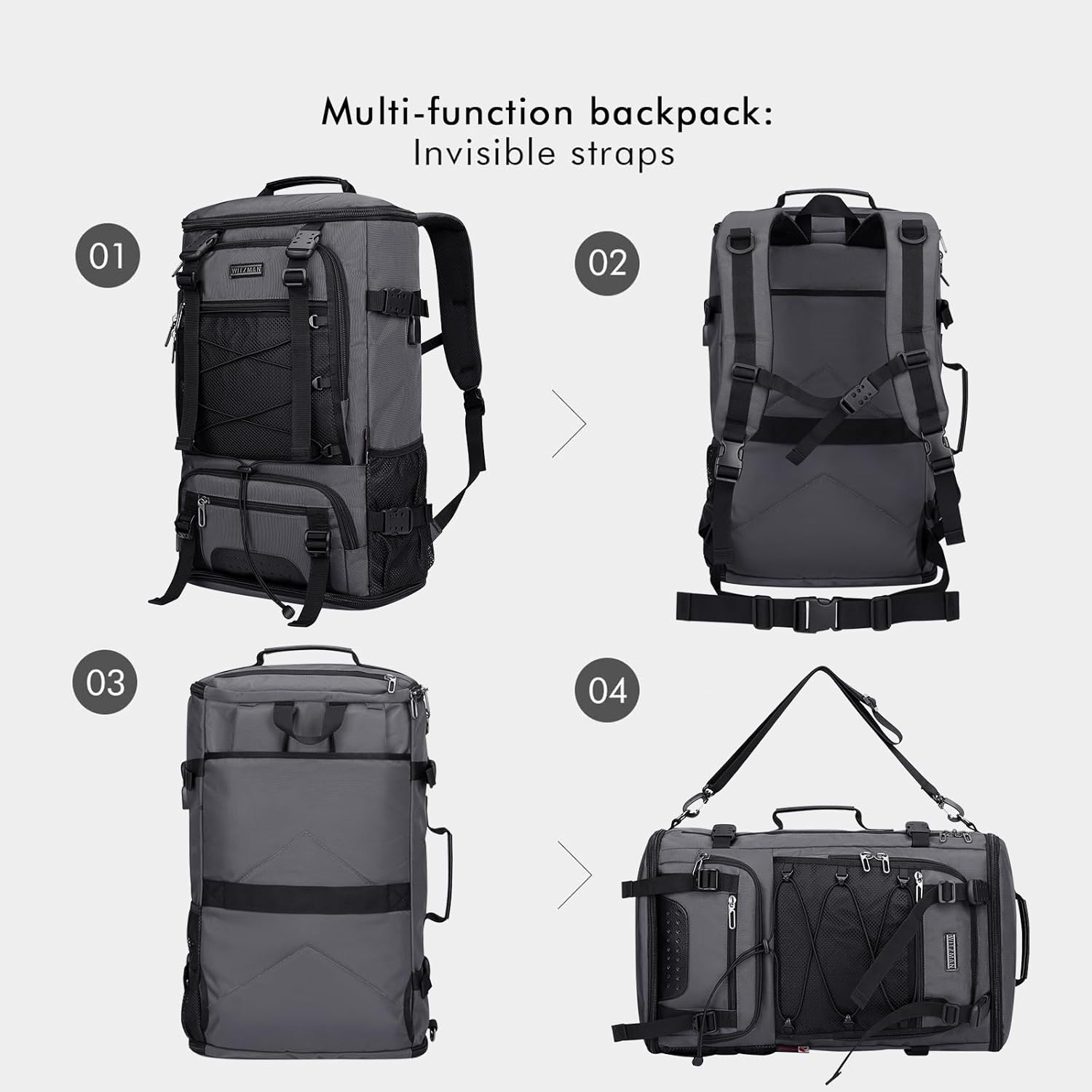 WITZMAN Travel Backpack for Men Large Carry on Backpack Convertible 3 in 1 Bags with Shoe Compartment Fit 17 Inch Laptop(B689 Silvery Grey) - PuriLite