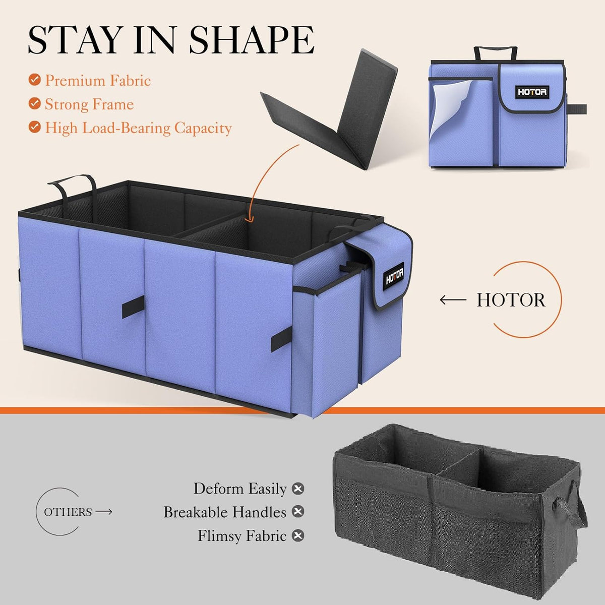 HOTOR Trunk Organizer - Car Organizer, Foldable Trunk organizer for SUVs & Sedans, Car Accessories, Tools, Sundries, 2 Compartments, Black - PuriLite