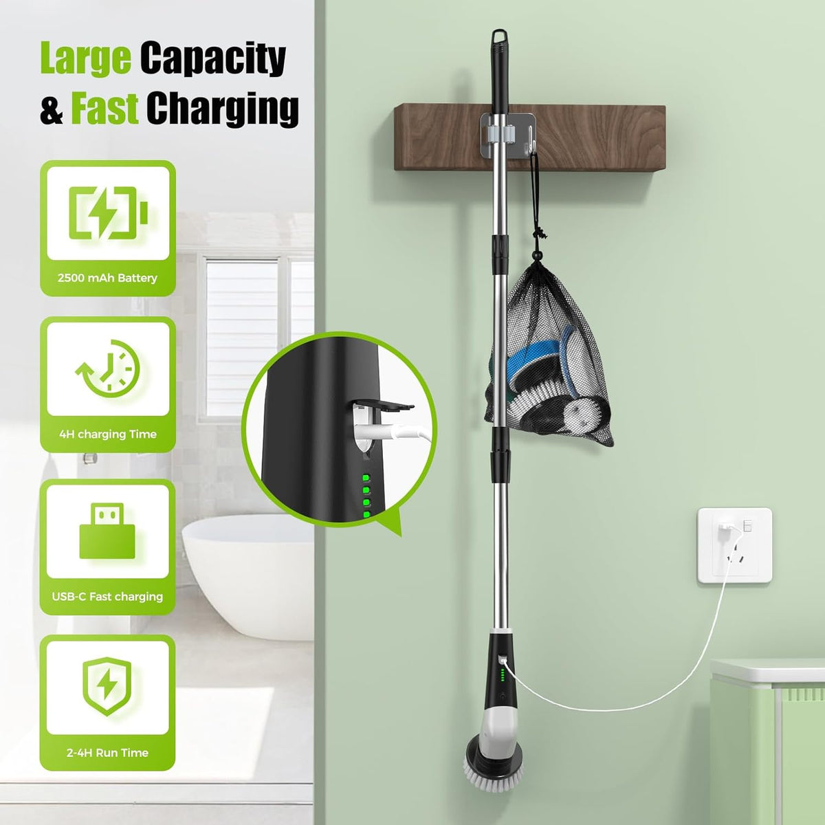 YKYI Electric Spin Scrubber,Cordless Electric Cleaning Brush,Shower Scrubber with 8 Replaceable Brush Heads,Power Scrubber 2 Adjustable Speeds,Bathroom Brush with Long Handle for Bathtub,Tile,Floor - PuriLite