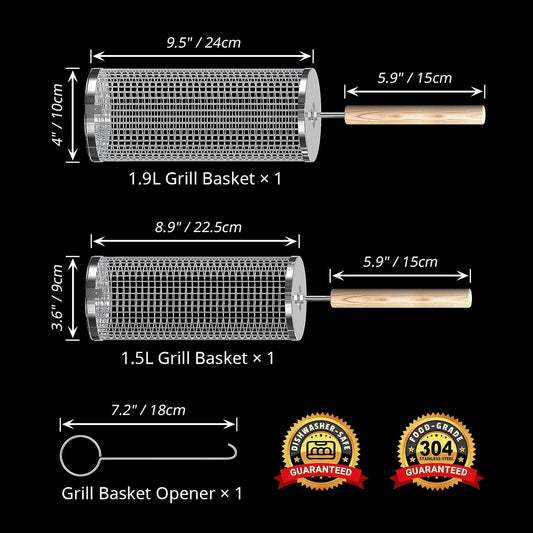 Rolling Grill Basket, Removable Wooden Handle, 304 Stainless Steel, Nesting Grilling Tools, Smoker BBQ Accessories for Vegetable, Outdoor Cooking Camping, Birthday Gifts for Men Dad Husband - PuriLite